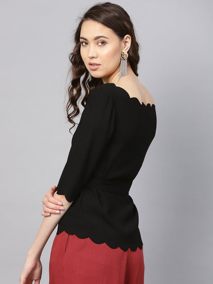 Women's Black Off Shoulder Scalloped Top
