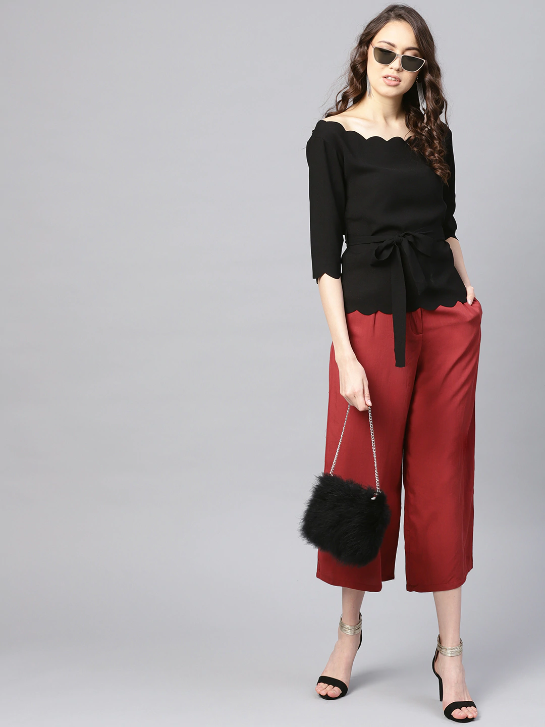 Women's Black Off Shoulder Scalloped Top
