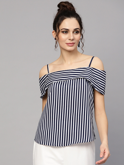 Women's Navy Striped Off Shoulder Layered Strap Top