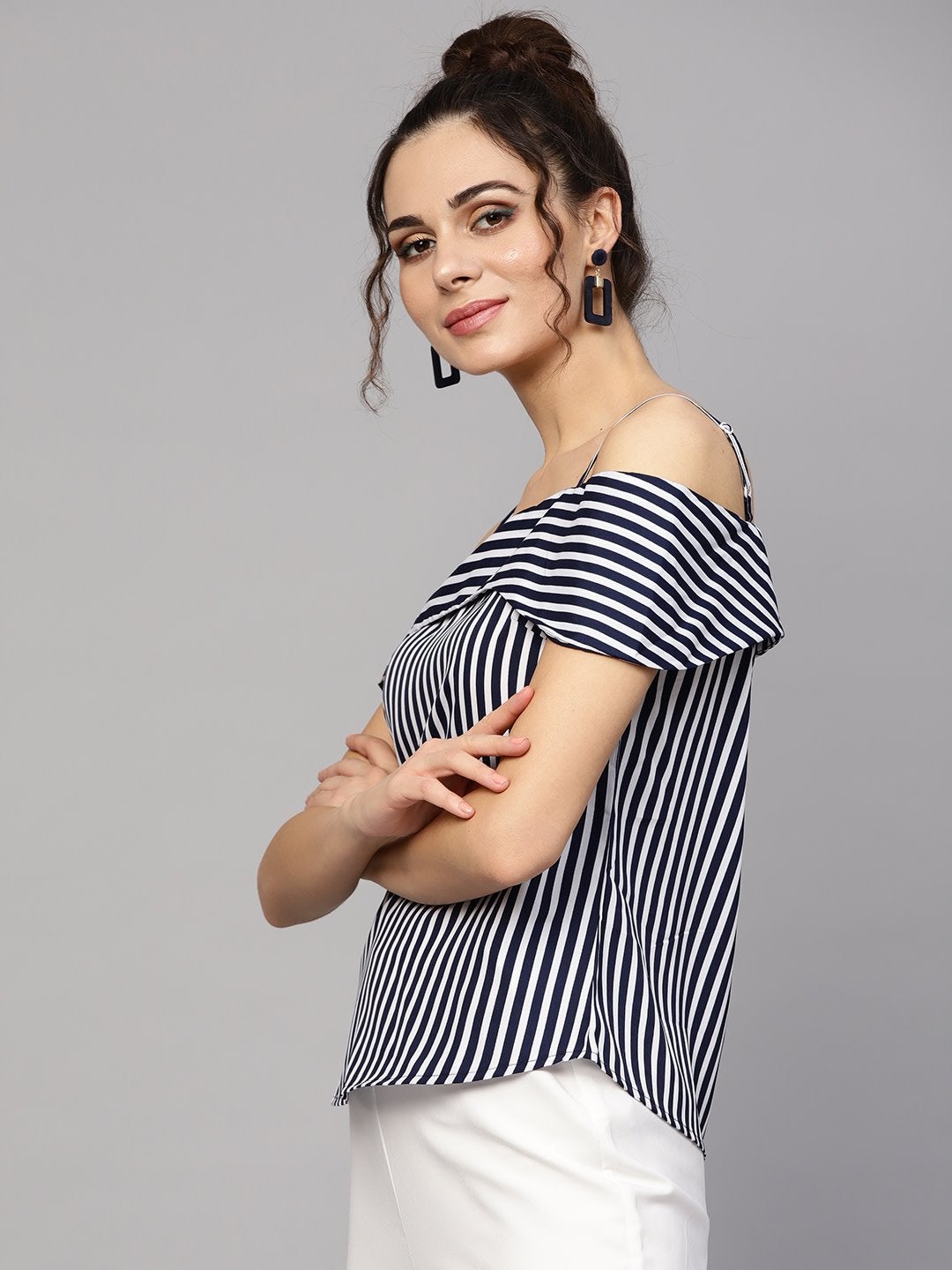 Women's Navy Striped Off Shoulder Layered Strap Top