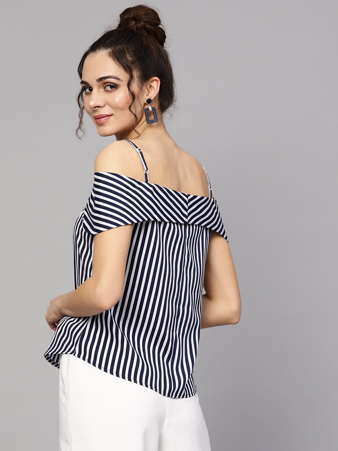 Women's Navy Striped Off Shoulder Layered Strap Top