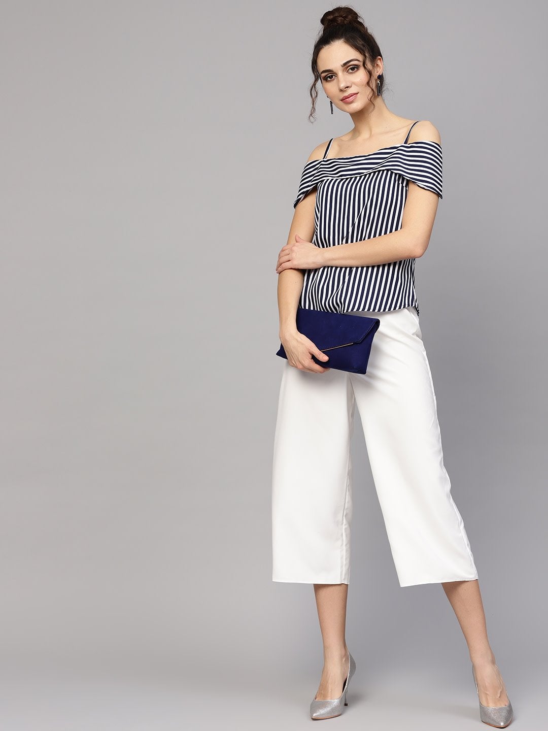 Women's Navy Striped Off Shoulder Layered Strap Top