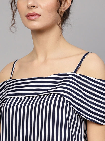 Women's Navy Striped Off Shoulder Layered Strap Top