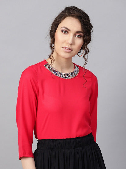 Women's Blingy Neck Fuschia Top
