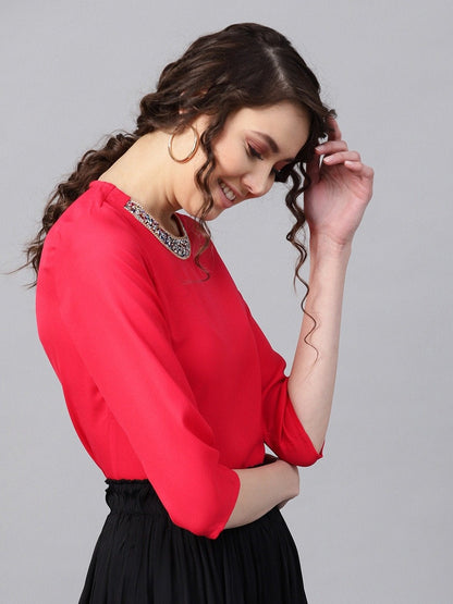 Women's Blingy Neck Fuschia Top