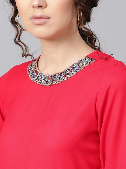 Women's Blingy Neck Fuschia Top