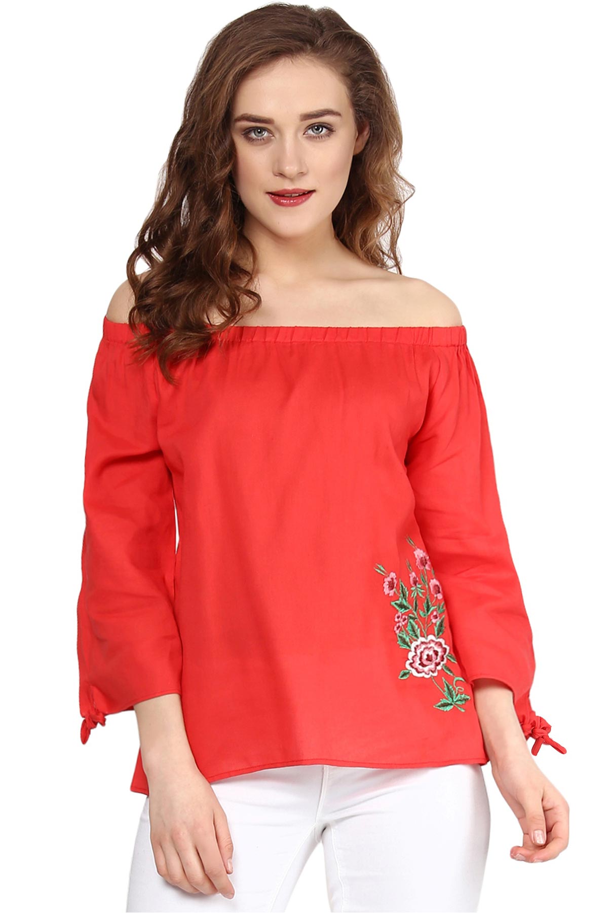 Women's Coral Embroidered Off Shoulder Top