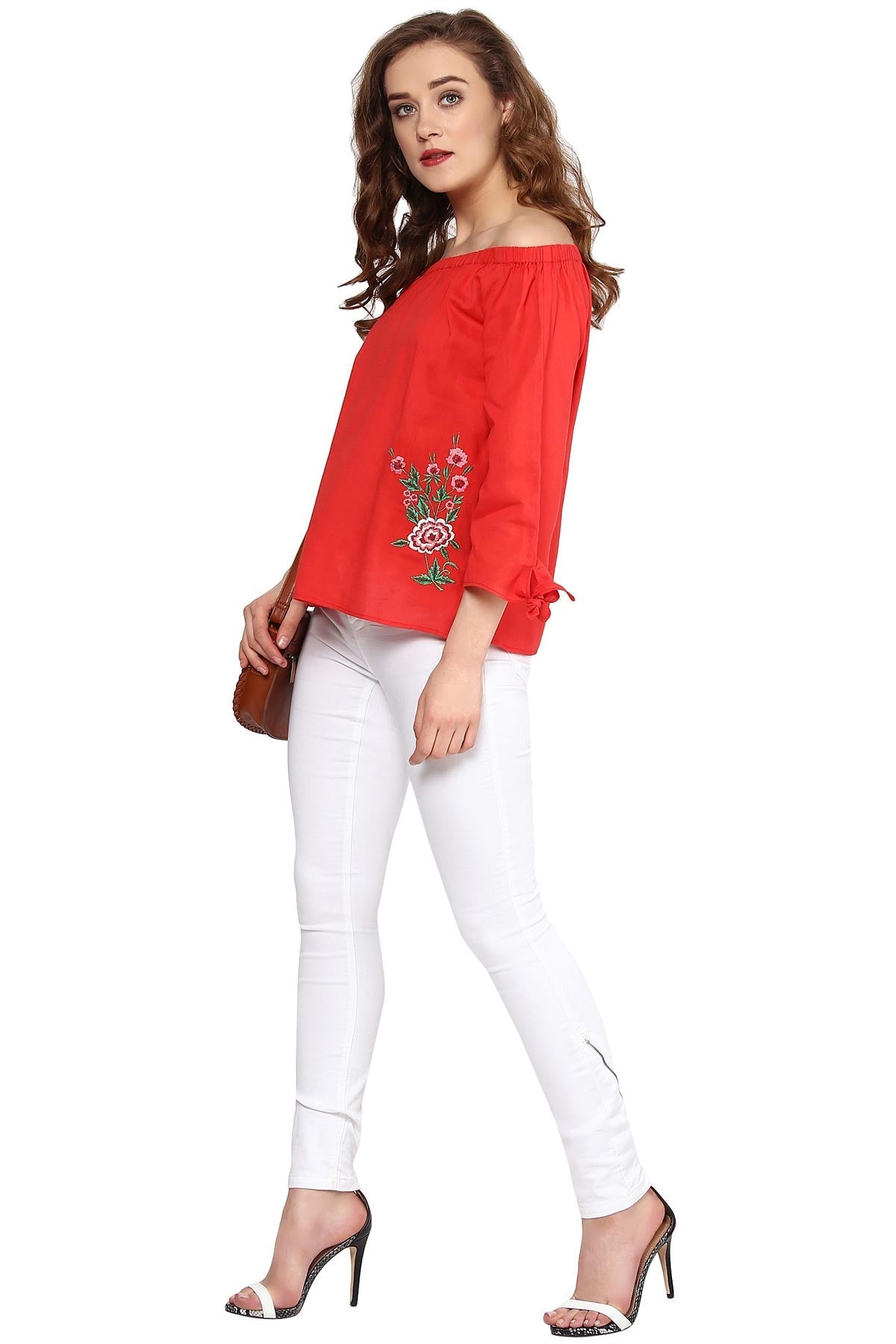 Women's Coral Embroidered Off Shoulder Top