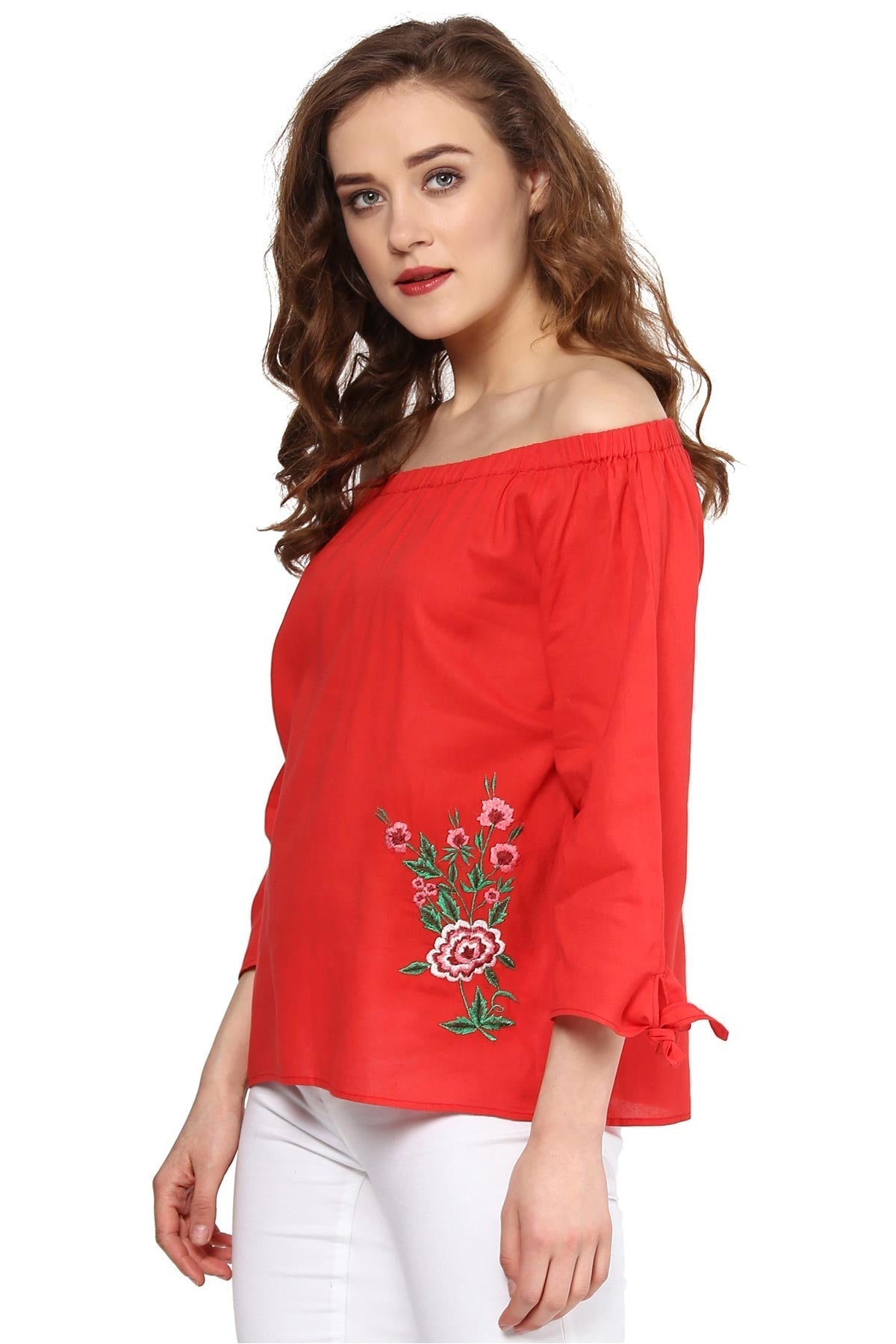 Women's Coral Embroidered Off Shoulder Top