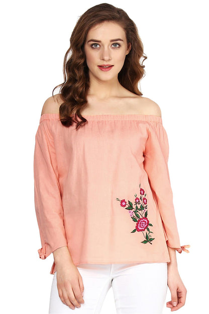 Women's Peach Embroidered Off Shoulder Top