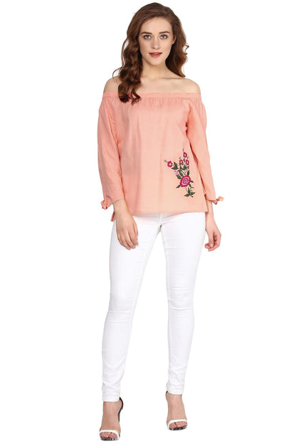 Women's Peach Embroidered Off Shoulder Top