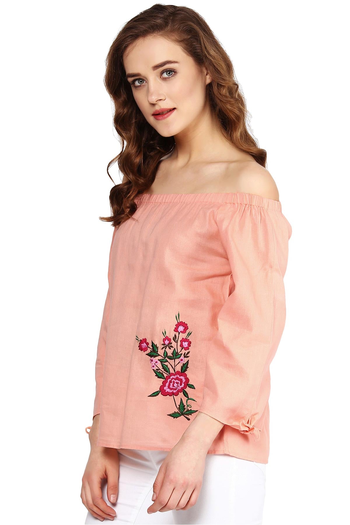 Women's Peach Embroidered Off Shoulder Top