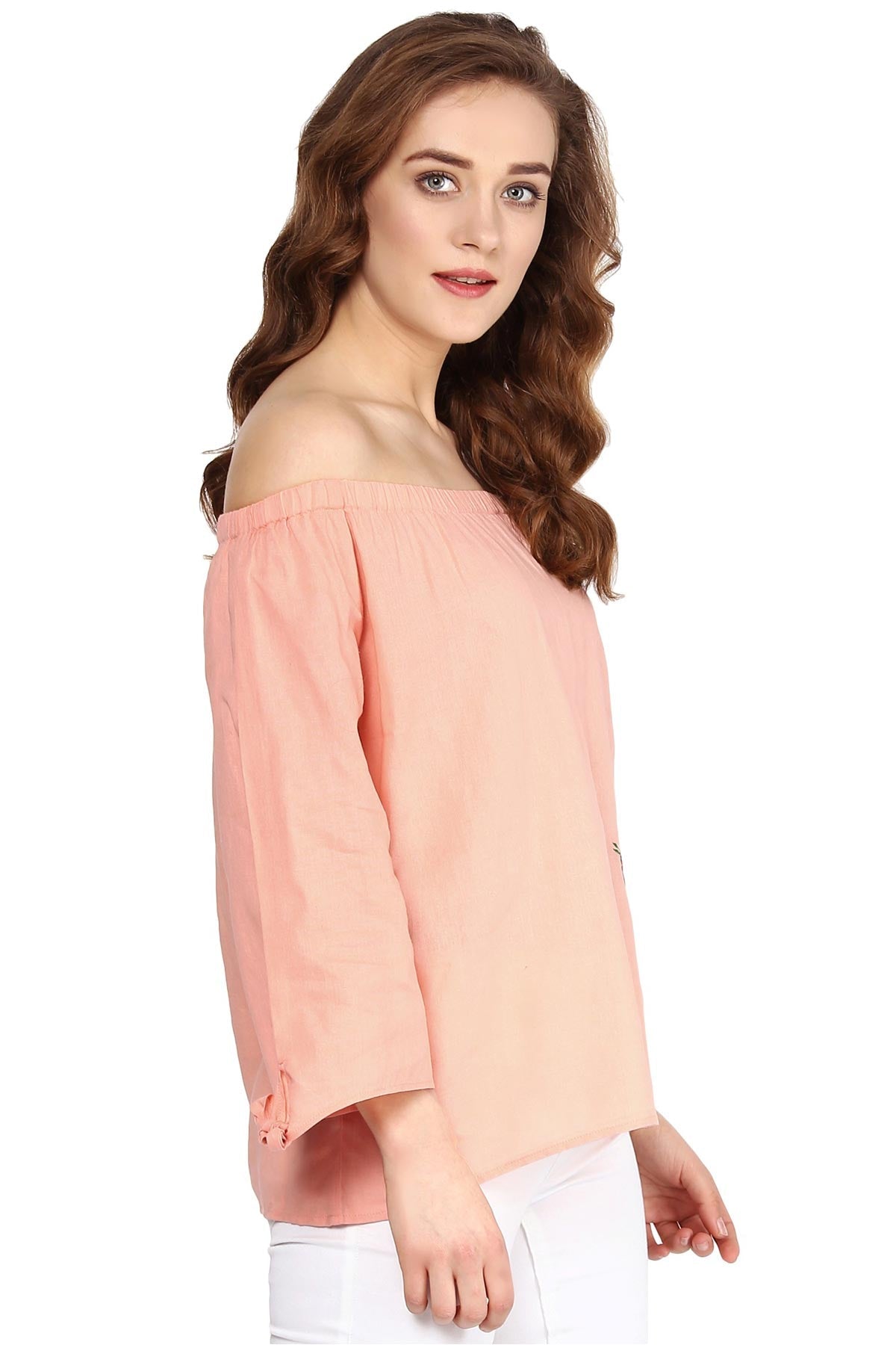Women's Peach Embroidered Off Shoulder Top