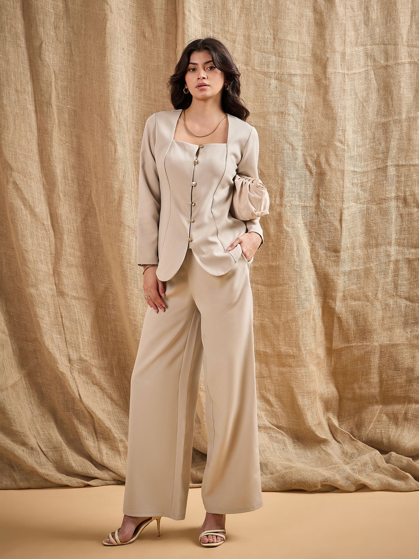 Women's Beige Solid Co-Ord Set