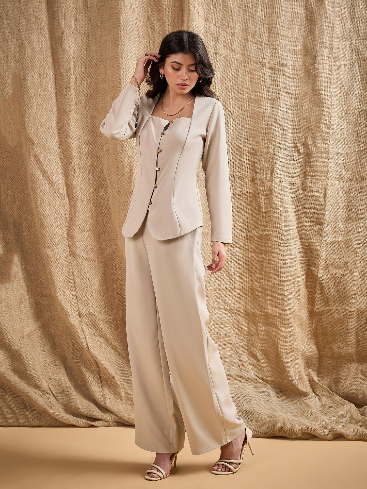 Women's Beige Solid Co-Ord Set
