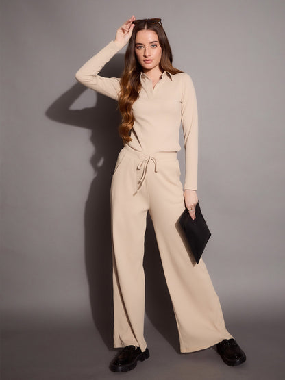 Women's Beige Rib Co-Ord Set