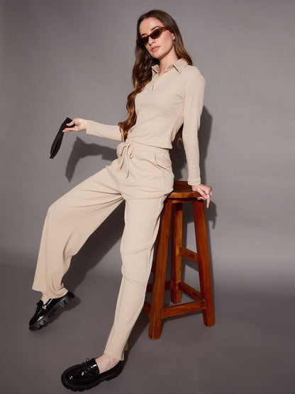 Women's Beige Rib Co-Ord Set