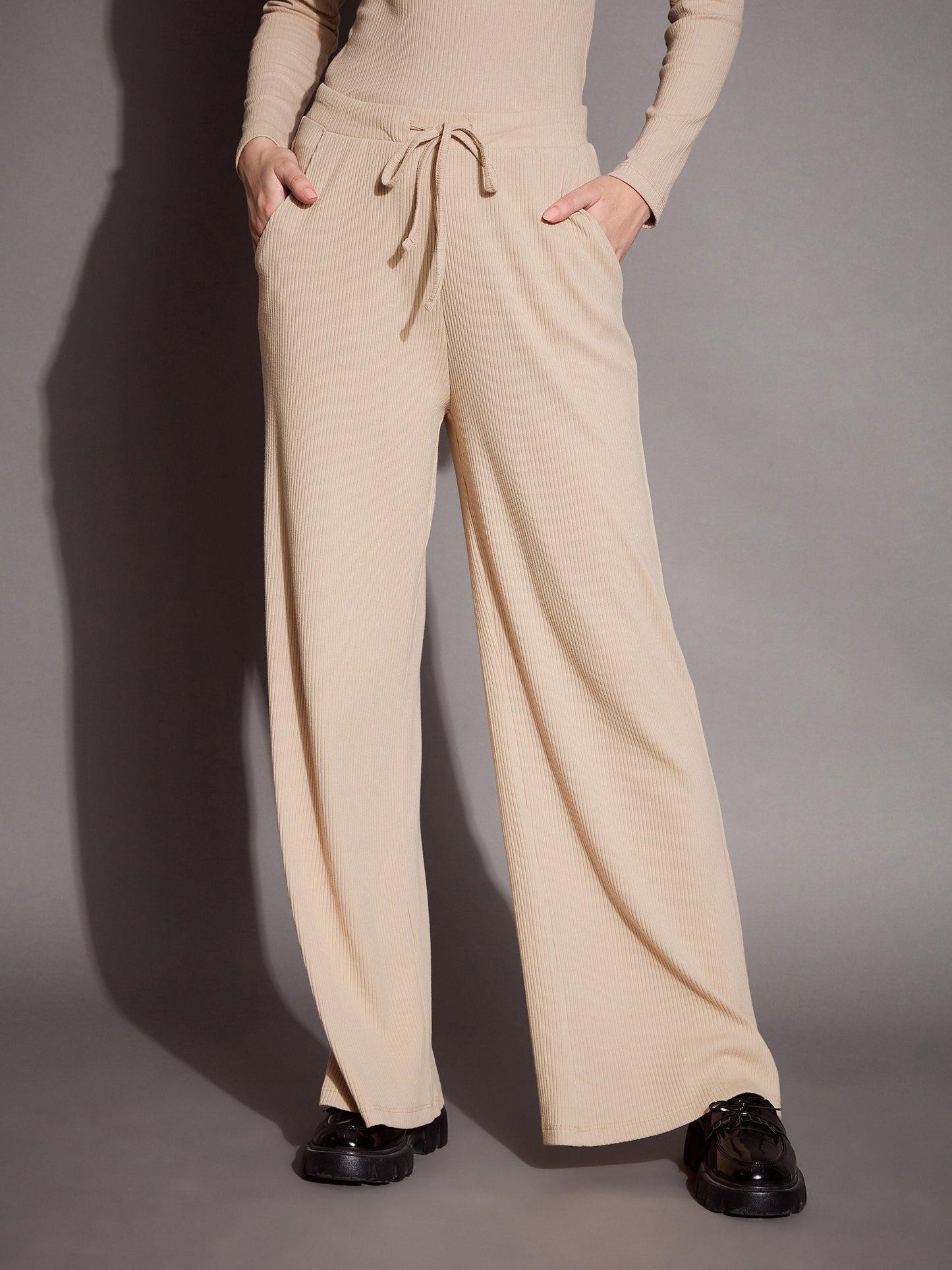Women's Beige Rib Co-Ord Set