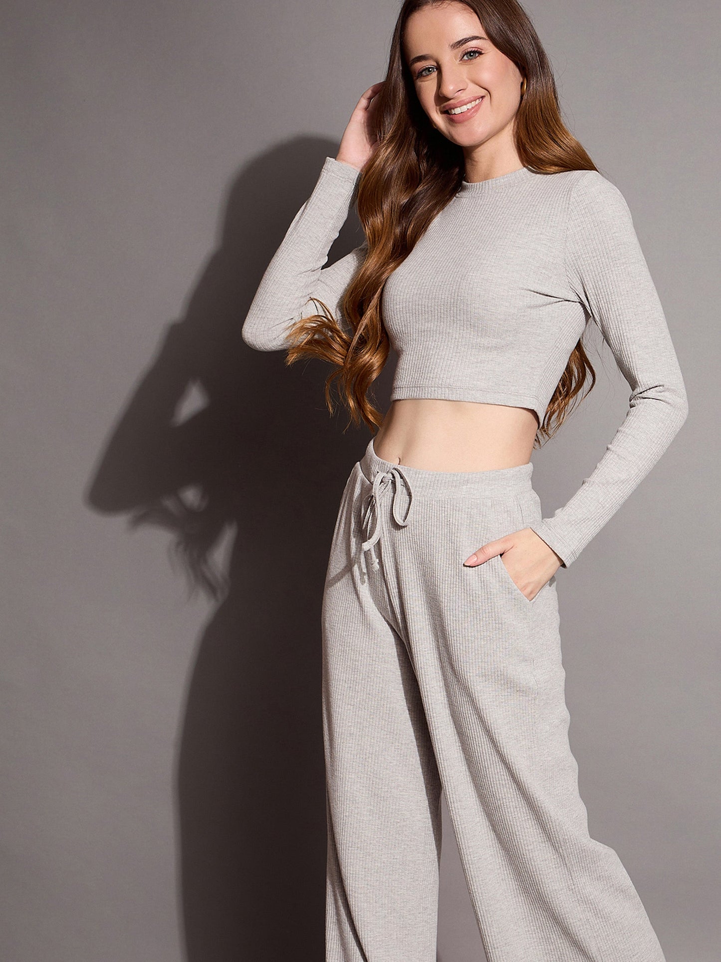 Women's Grey Crop Top Co-Ord Set