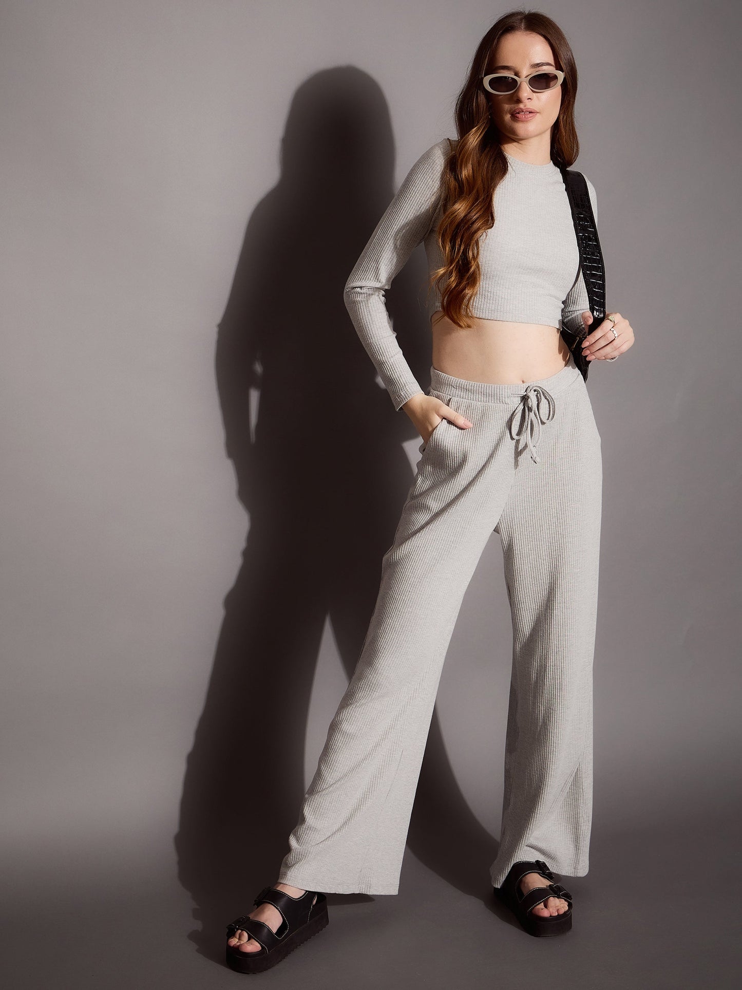Women's Grey Crop Top Co-Ord Set