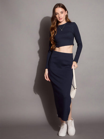 Women's Navy Blue Crop Top Co-Ord Set