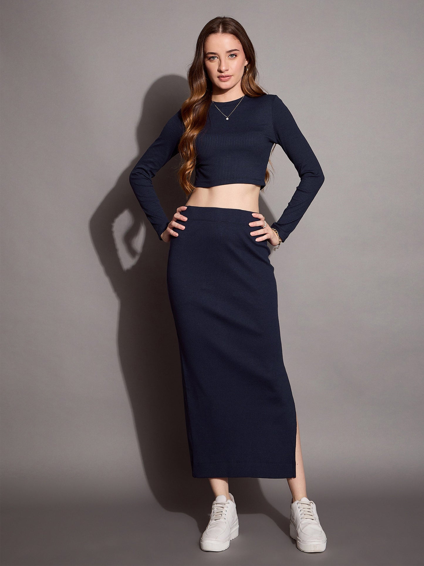Women's Navy Blue Crop Top Co-Ord Set