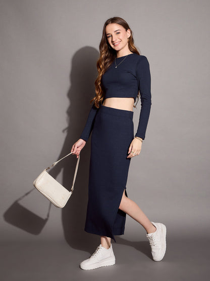 Women's Navy Blue Crop Top Co-Ord Set