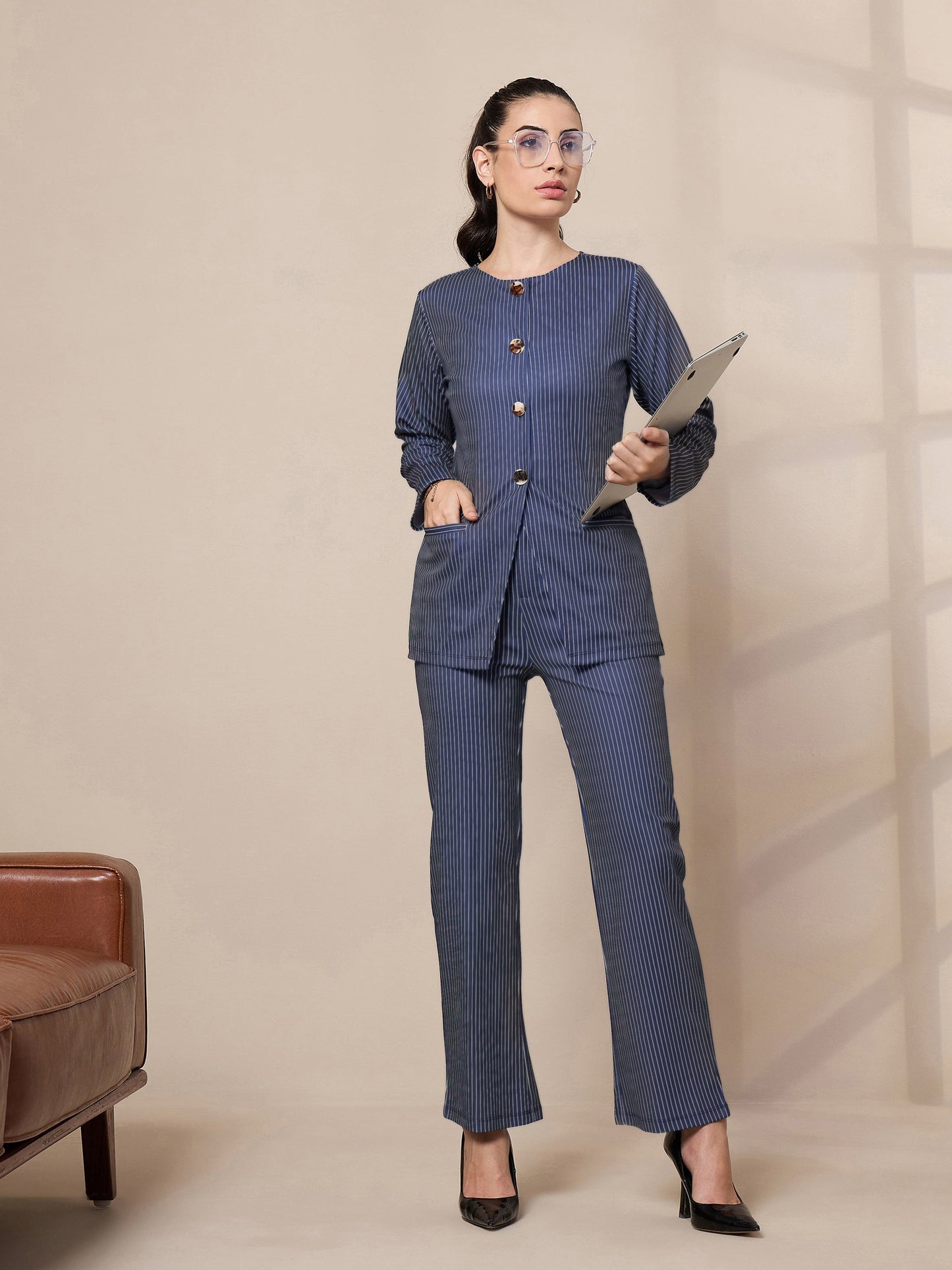 Women's Navy Blue Striped Co-Ord Set