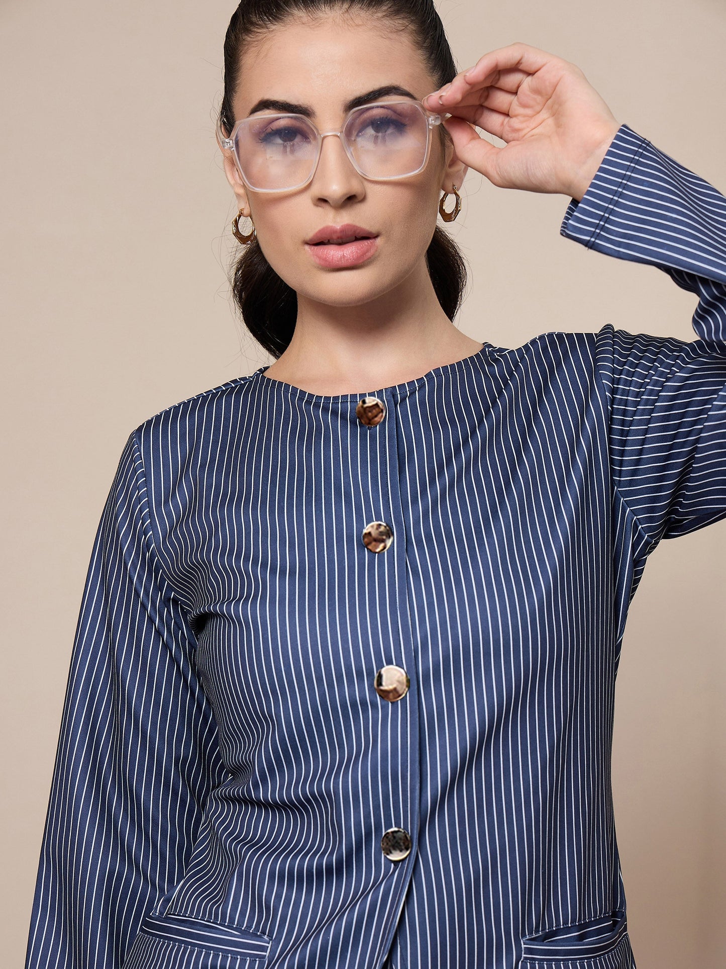 Women's Navy Blue Striped Co-Ord Set