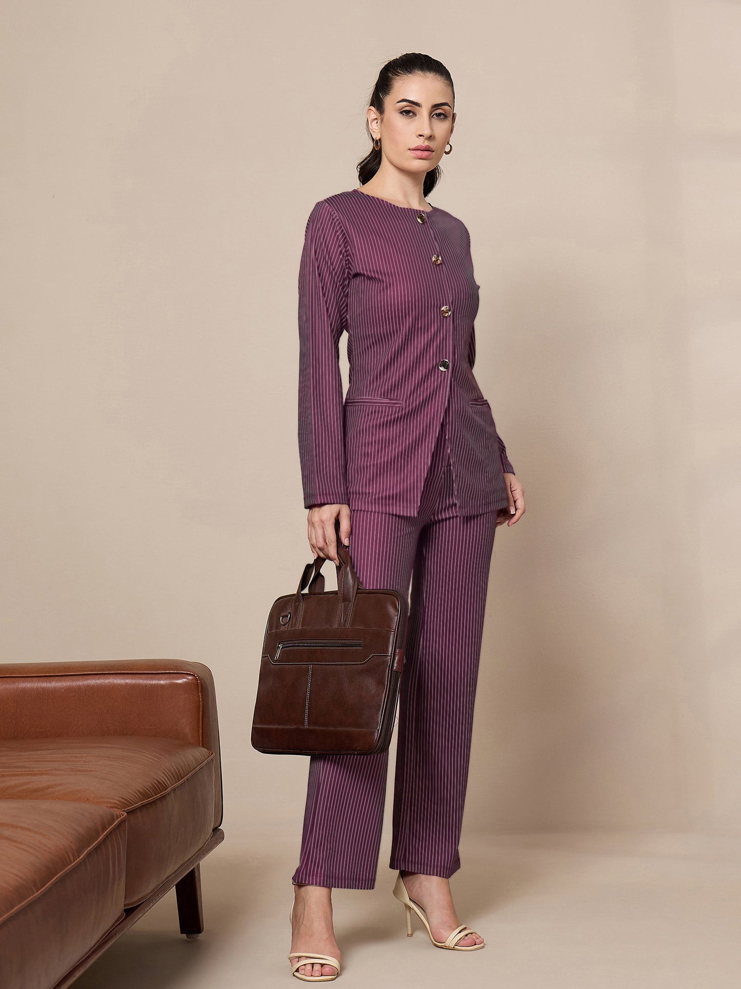 Women's Maroon Striped Co-Ord Set