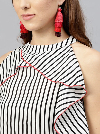 Women's Mono Striped Halter Frill Top