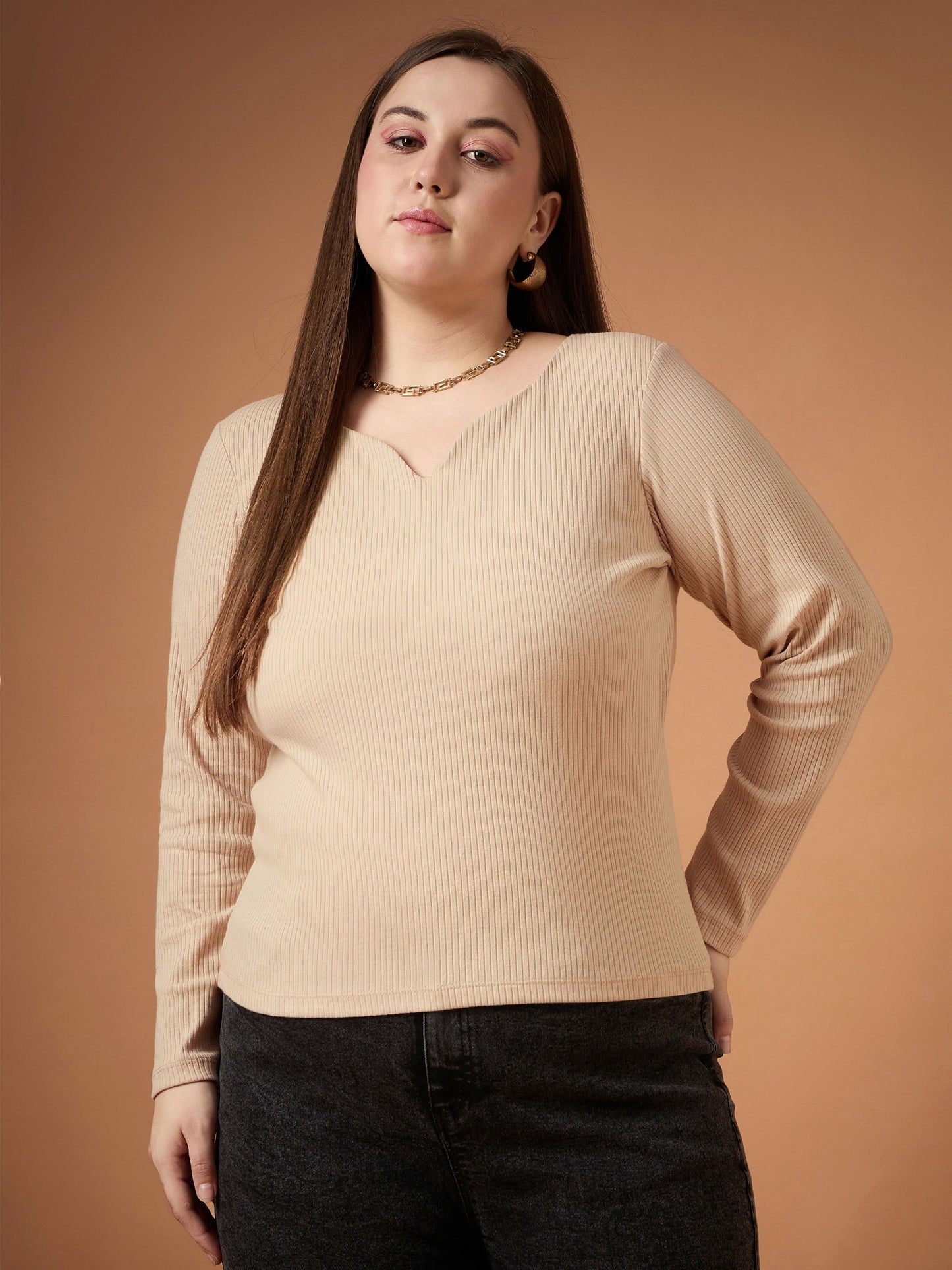 Women's Beige Rib Top