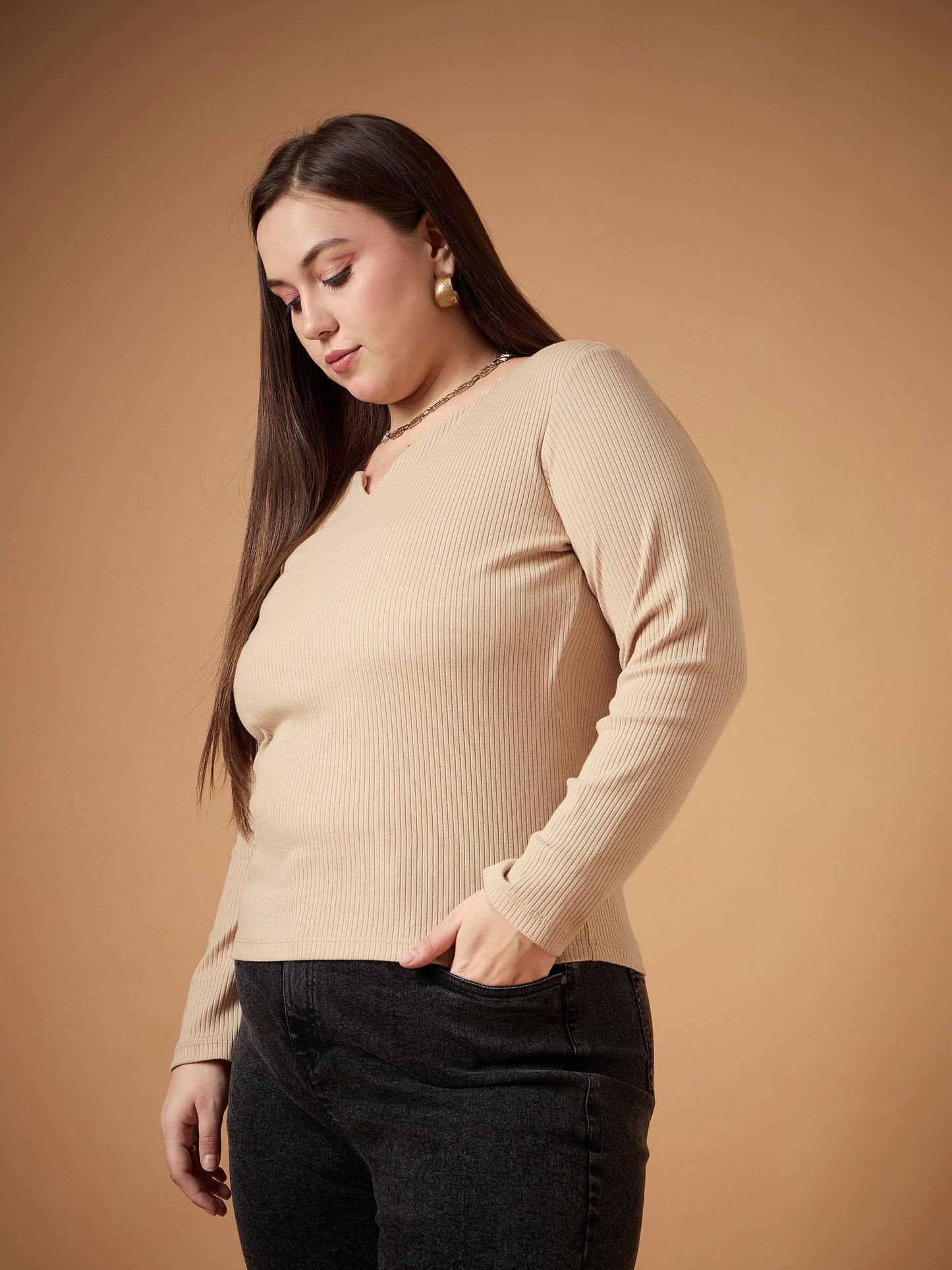 Women's Beige Rib Top