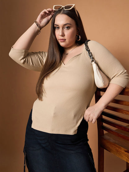 Women's Beige Rib Top