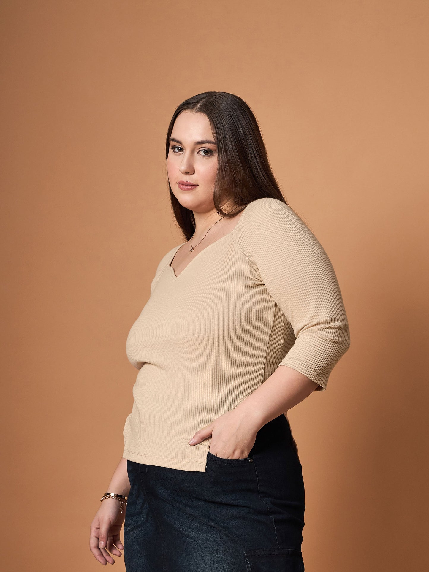 Women's Beige Rib Top