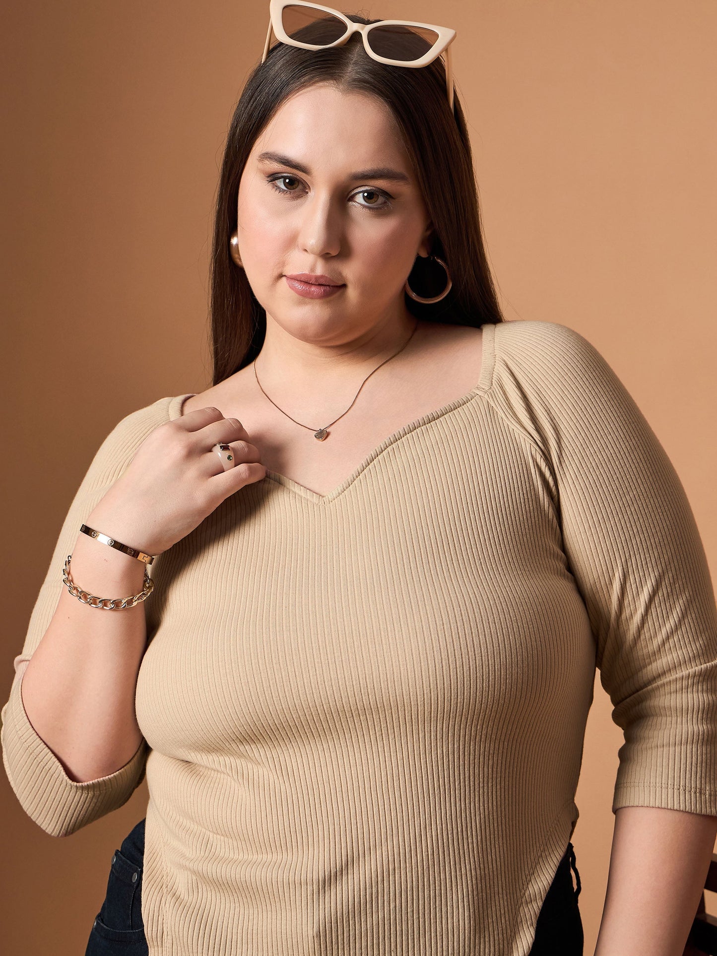 Women's Beige Rib Top