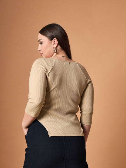 Women's Beige Rib Top