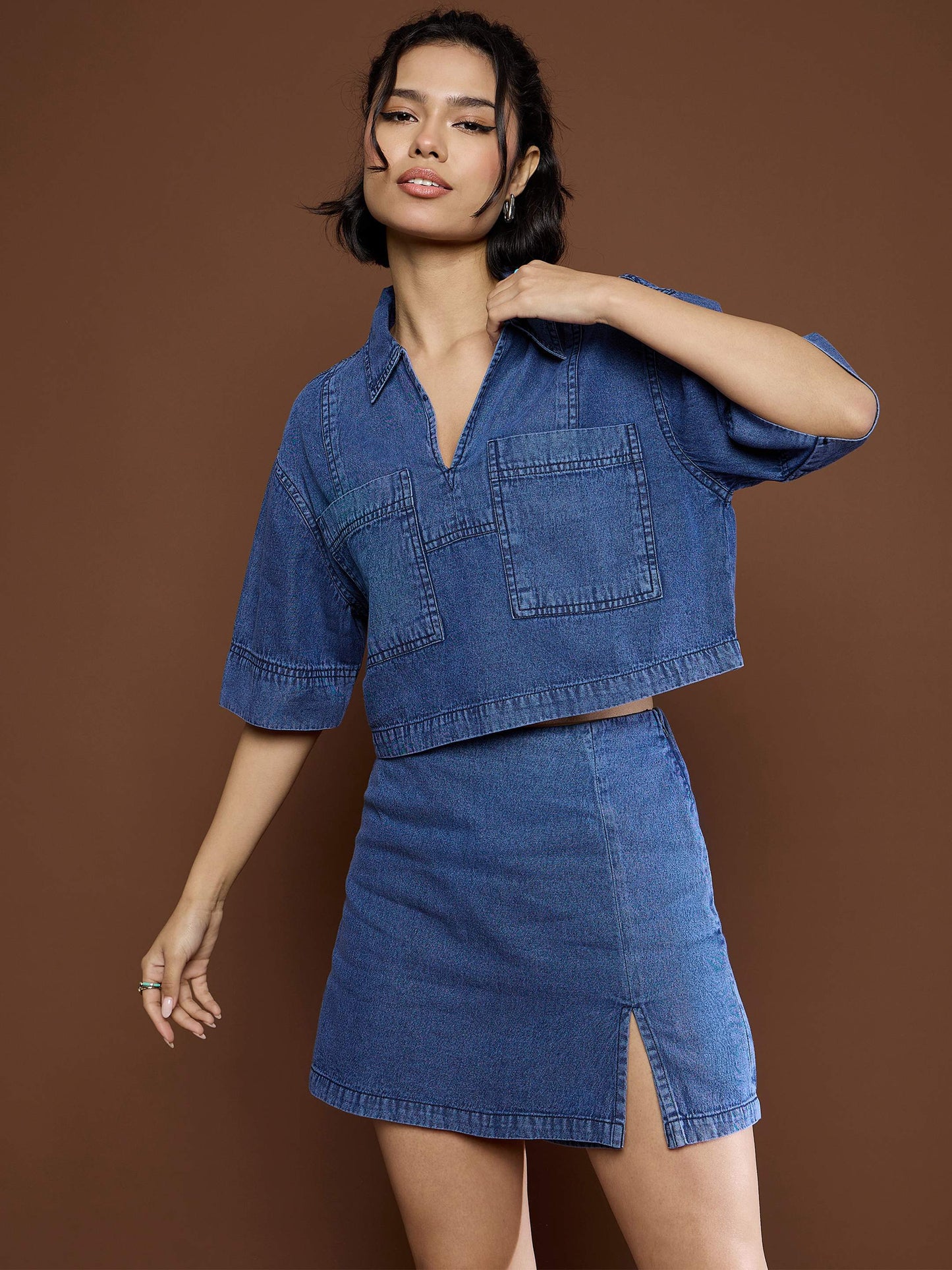 Women's Blue Denim Patch Pocket Crop Top With Skor