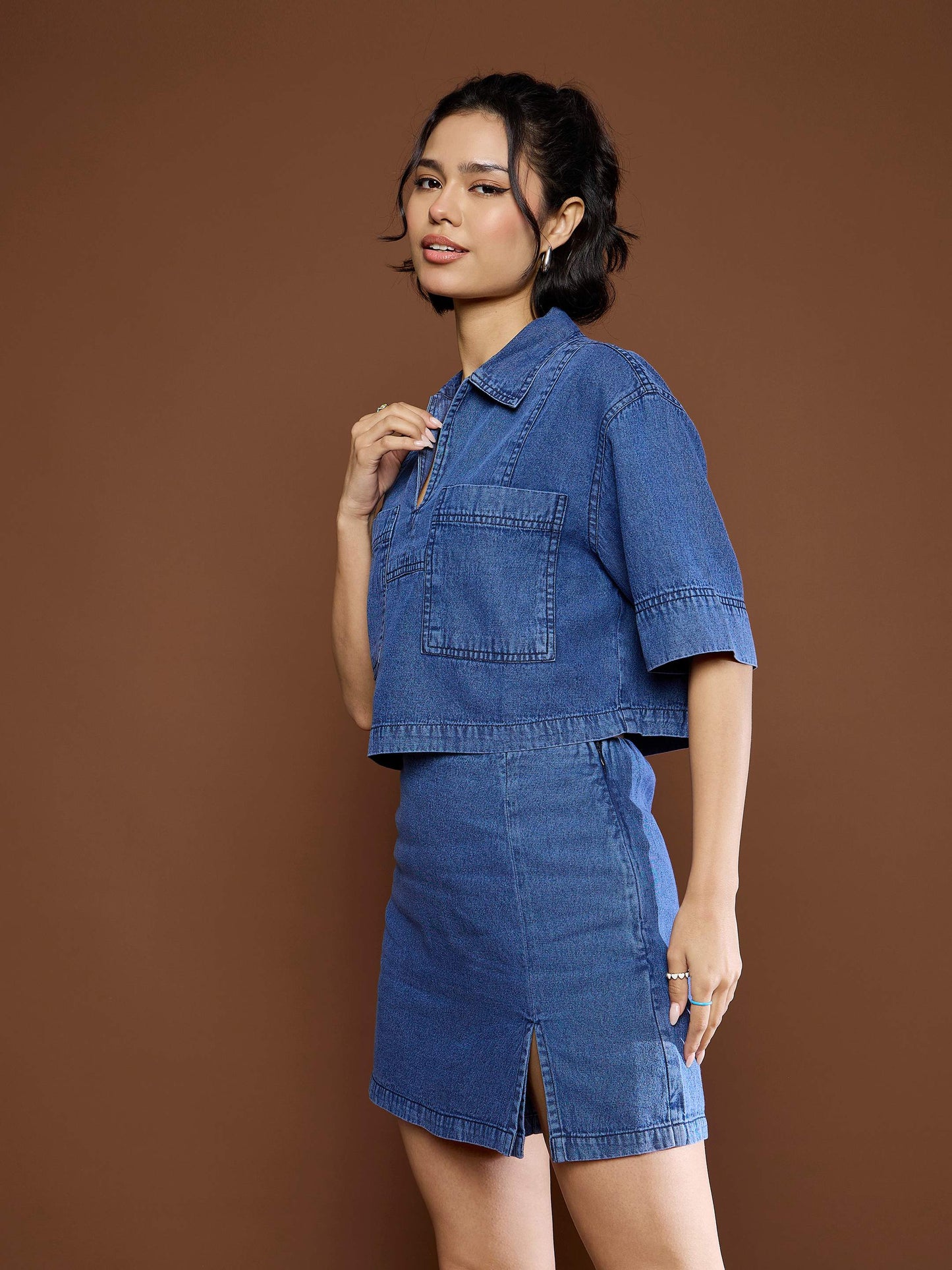 Women's Blue Denim Patch Pocket Crop Top With Skor