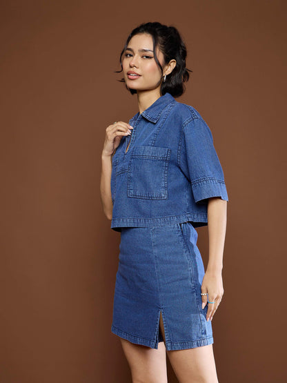 Women's Blue Denim Patch Pocket Crop Top With Skor