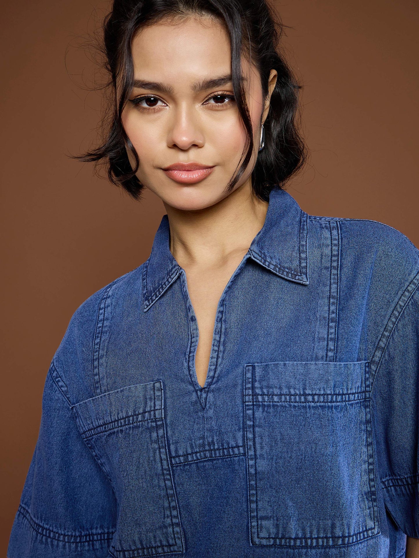 Women's Blue Denim Patch Pocket Crop Top With Skor