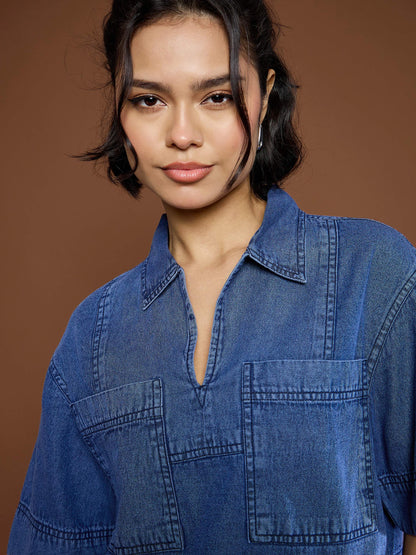 Women's Blue Denim Patch Pocket Crop Top With Skor