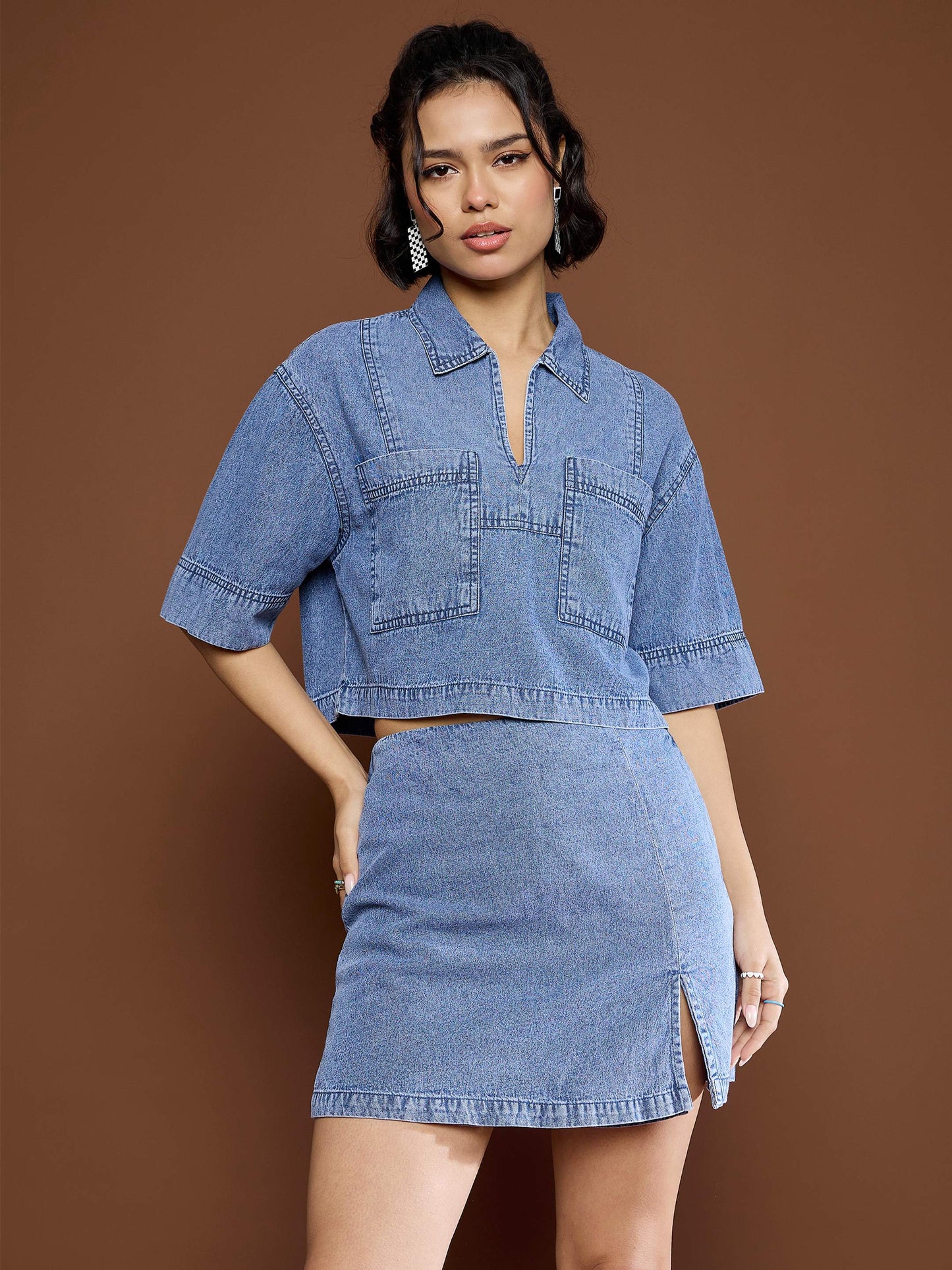 Women's Blue Blast Denim Patch Pocket Crop Top With Skor