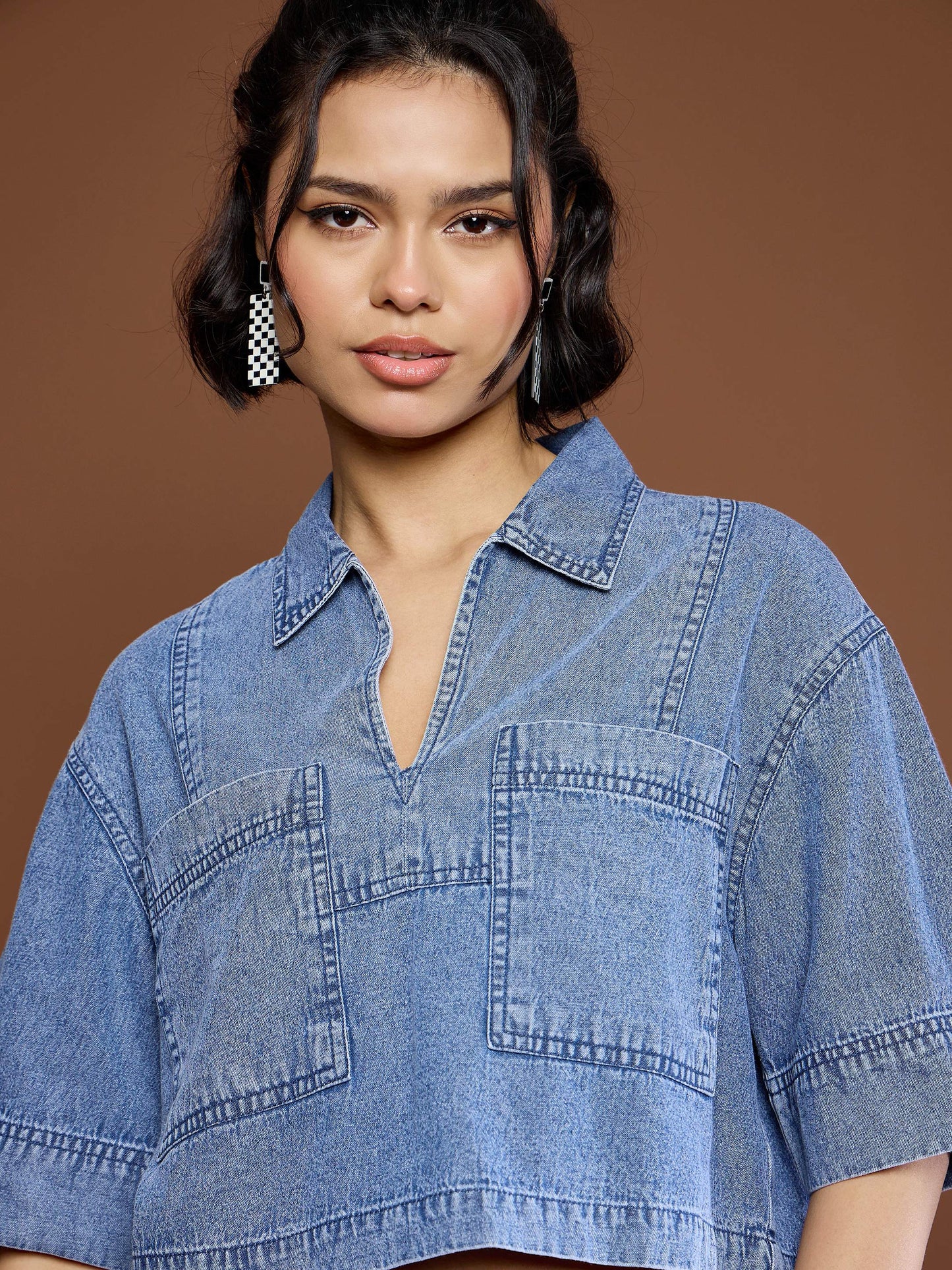 Women's Blue Blast Denim Patch Pocket Crop Top With Skor