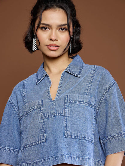 Women's Blue Blast Denim Patch Pocket Crop Top With Skor