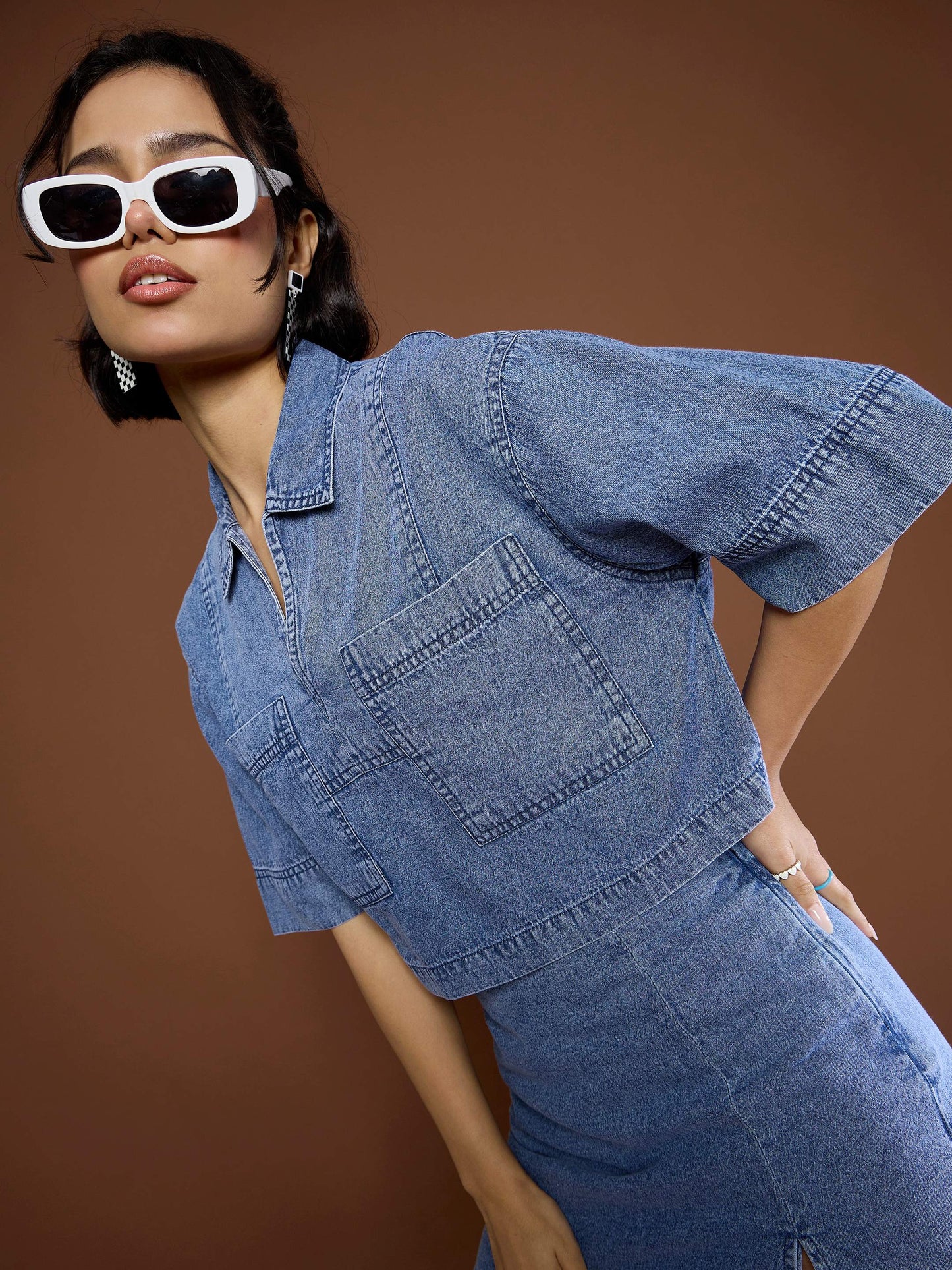 Women's Blue Blast Denim Patch Pocket Crop Top With Skor