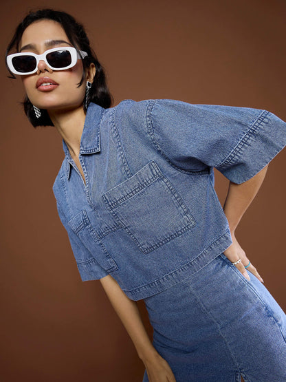 Women's Blue Blast Denim Patch Pocket Crop Top With Skor