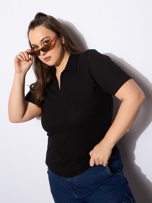 Women's Black Rib Front Zipper Polo Neck T