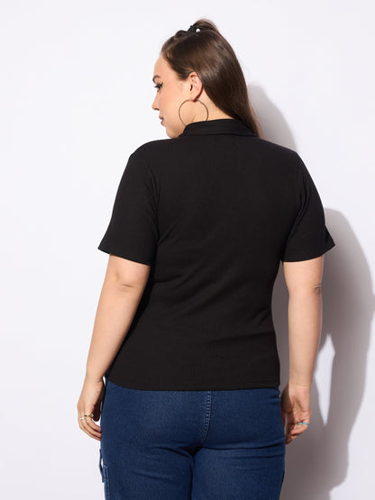 Women's Black Rib Front Zipper Polo Neck T