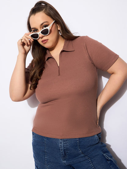 Women's Brown Rib Front Zipper Polo Neck T